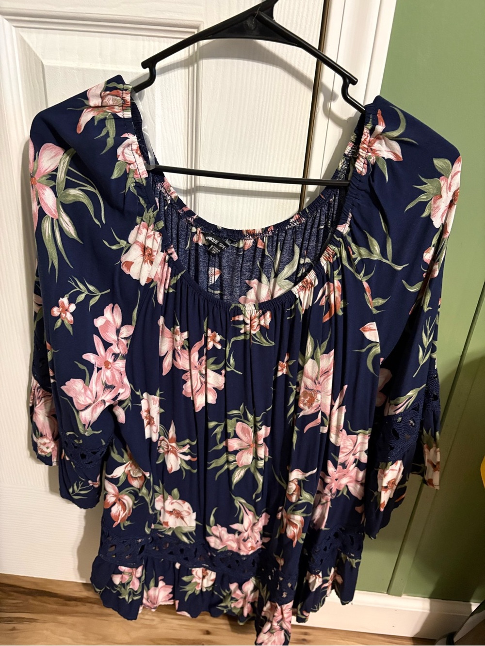 Unique Spectrum Navy Floral Off-Shoulder Blouse with Pink Flowers